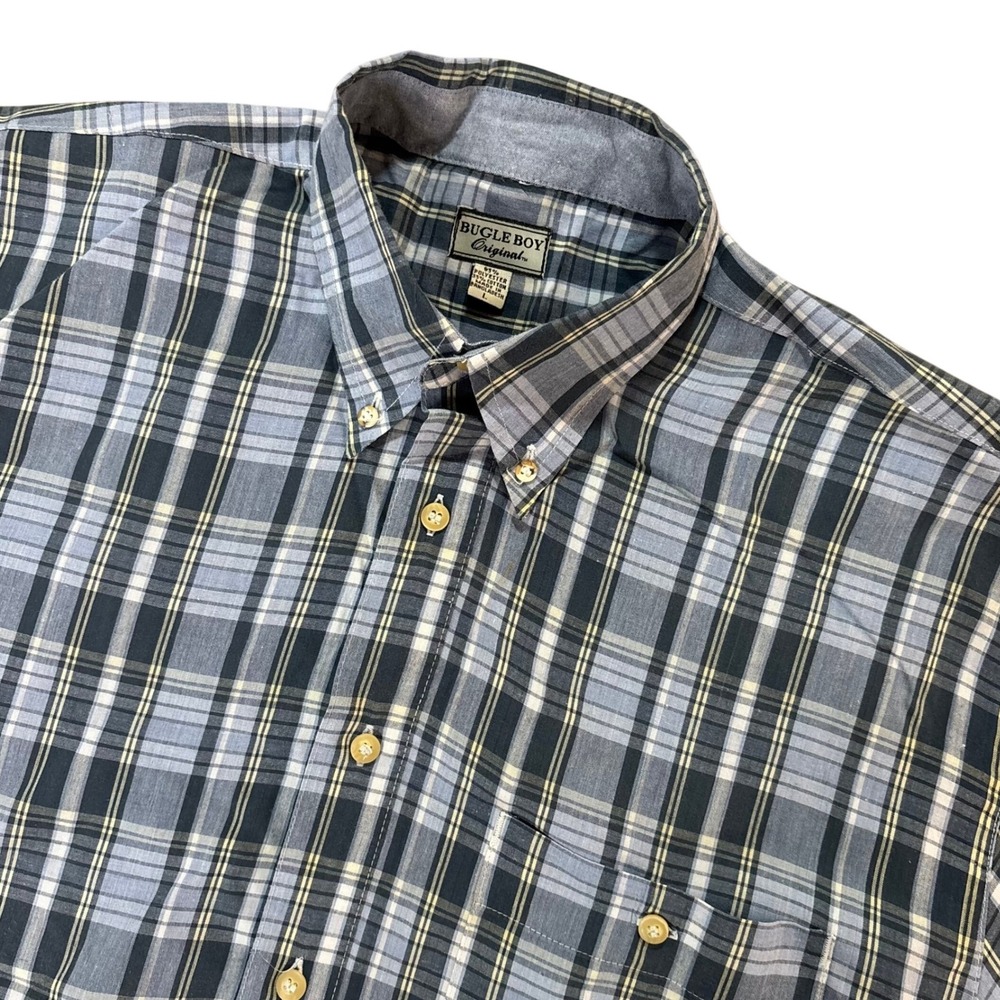 Bugle Boy Original Mens Large Blue Grey‎ Plaid Short Sleeve Button Down Shirt
